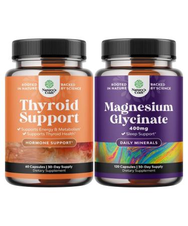 Bundle of Herbal Thyroid Support Complex - Potent Kelp Iodine with L Tyrosine Bladderwrack Selenium Ashwagandha and Pure Magnesium Glycinate Supplement 400mg Per Serving for Mood Sleep and Relaxation