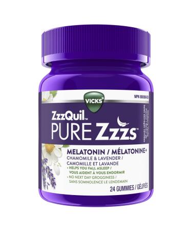 Vicks ZzzQuil PURE Zzzs Melatonin Sleep Aid with Chamomile Lavender & Valerian Root Non-Habit Forming 1mg per gummy Wildberry Vanilla Flavour 24 count 24ct Gummies