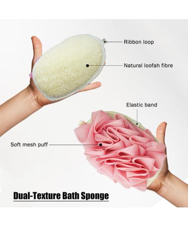 Double-Sided Natural Loofah Exfoliating Body Scrubber & Mesh Pouf Set - 2 Piece Bath Sponges in White/Pink for Shower - Buy Online on GoSupps.com