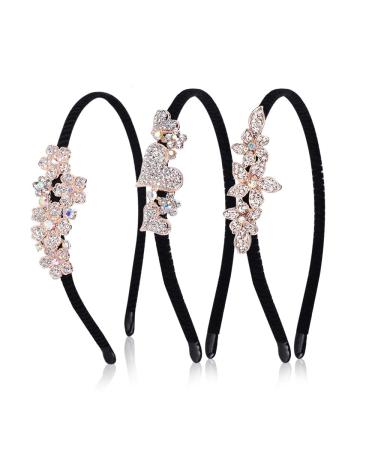 Bgfuni 3 Pieces Crystal Rhinestone Headbands Headbands for Women Shiny Non-Slip Beaded Flannel Hairband Bling Bling Hair Bands Flower Leaf Headpiece Hair Accessories Hair Decoration for Women Girls
