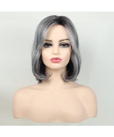 RENERSHOW Ombre Grey Short Bob Wig with Curtain Bangs - Natural Straight Mix Gray Heat Synthetic Salt N Pepper Wig for Women - Buy Online on GoSupps.com
