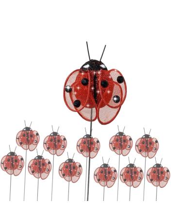 BANBERRY DESIGNS Ladybug Floral Pick Decorations   Red and Black Glitter Lady Bugs Attached to Wire Stems - Set of 12 Winged Ladybugs on Wires- Great for Crafts DIY Party Decor