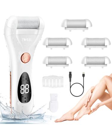 Callus Remover for Feet, Rechargeable Foot Scrubber Electric Foot File Pedicure Tools for Feet Electronic Callus Shaver Waterproof Pedicure kit for Cracked Heels and Dead Skin with 5 Roller Heads White&golden