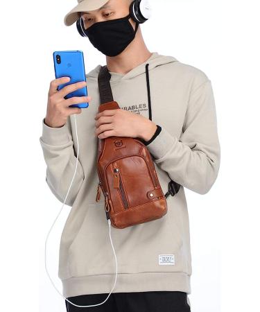 BULLCAPTAIN Genuine Leather Sling Backpack | USB Charging Port | Multi-pocket Chest Bag | Hiking Travel Daypack XB-129 Brown - Buy Online on GoSupps.com