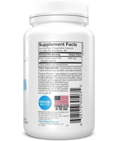 Portions Master Black Cumin Seed Oil 1000mg, Cold-Pressed, Antioxidant-Rich Supplement for Skin, Hair, Immune & Mood Support, Non-GMO, Gluten-Free, Dairy-Free (90 Softgels) - Buy Online on GoSupps.com