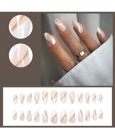 Justotry 24 Pcs Gold Wavy Short Stiletto False Nails - White French Press On Nails with Nail Glue for Women's Nail Art - Buy Online on GoSupps.com