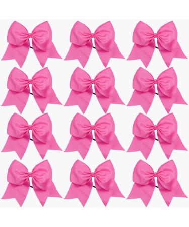 DEEKA 12PCS 8" Large Cheer Hair Bows Ponytail Holder Handmade for Teen Girls Softball Cheerleader Sports-Pink Elastic Band Bright Pink (Pack of 12)