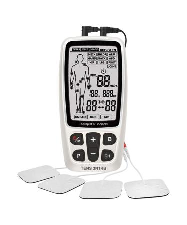 Therapist s Choice Rechargeable TENS3N1RB Combo TENS EMS Massage with Body Image Diagram Electrode Placement with Belt Clip and Display Box.