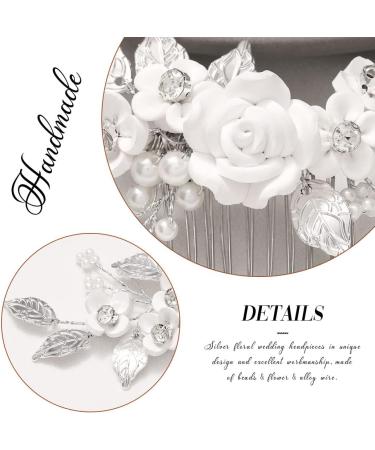 Edary Bride Flower Wedding Hair Comb Silver Pearl Headpiece Leaf Wedding Side Comb Bridal Hair Accessories for Women and Girls - Buy Online on GoSupps.com