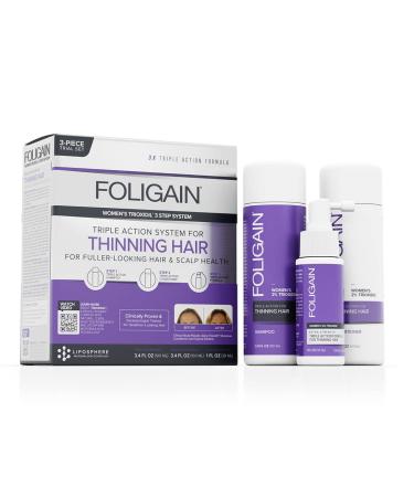 Foligain Triple Action Hair Care System For Women  Revitalizing Hair Products for Thinning Hair  3 Piece Travel Set Triple Action Hair Care System - Women
