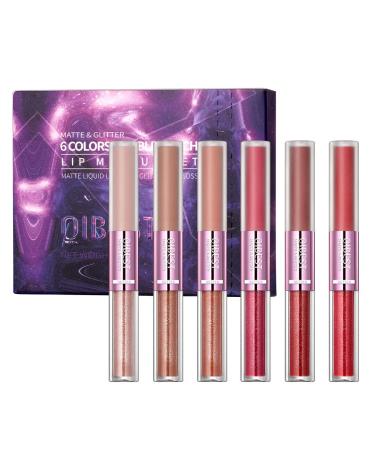 Double Head Lip Gloss Non Fading Lip Glaze Matte Mist Pearlescent Liquid Lipstick 6-color suit