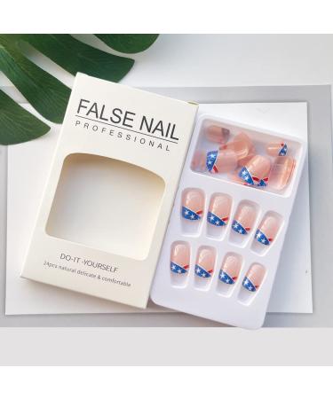 4th of July Short Square French Tip Press on Nails - Patriotic Independence Day Design - 24Pcs - Buy Online on GoSupps.com