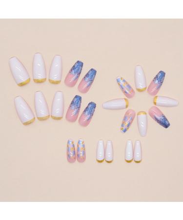 24Pcs Glitter Square False Nails French Tips Blue Shards - Removable Artificial Nails with Nail Glue for Women and Girls - Buy Online on GoSupps.com