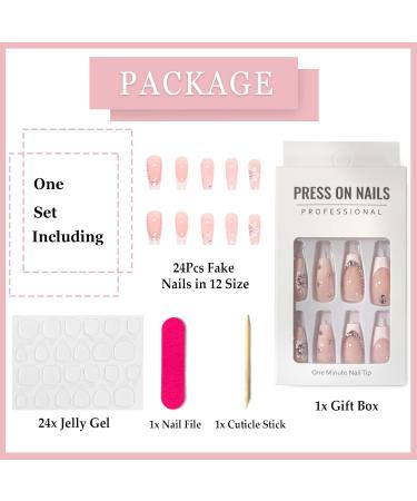 Ceboic 24Pcs Square Short Pink & White French Tip Press on Nails with Flower Pattern & Rhinestone Designs - Glossy Removable Glue on Nails for Women - Buy Online on GoSupps.com