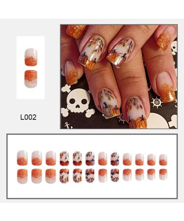 24 Pcs Fall Press on Nails - Orange Glitter Short Square Fake Nails for Thanksgiving | Glossy Full Cover Autumn Leaf & Pumpkin Design - Perfect DIY Nail Art for Women - Buy Online on GoSupps.com