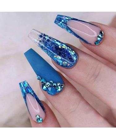 tesrgre Blue French Wearable Nails Wearable Press on Nails False Nail Tips Full Cover Nail Tips Art Finished Nails - Buy Online on GoSupps.com