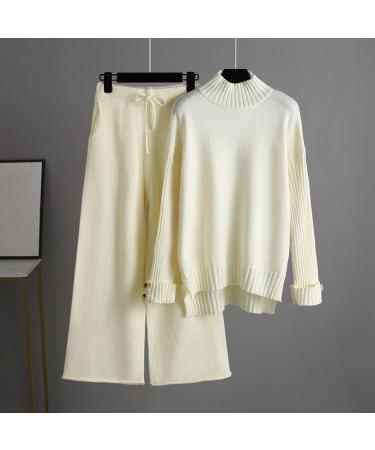Women's Knitted Evening Pants Suit Set | High Collar Sweater | Autumn/Winter Thermal Beige - Buy Online on GoSupps.com