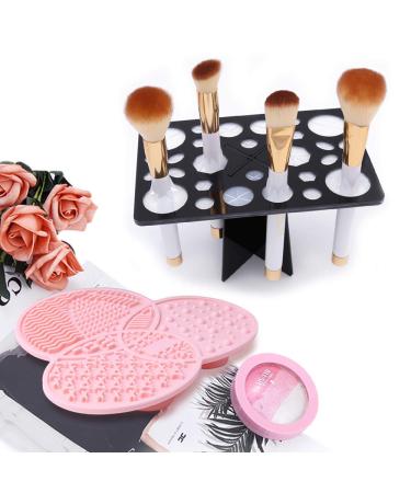 Makeup Brush Cleaning Mat & Drying Rack Set | YLong-ST 28 Hole Cleaner & Holder | Clover Shaped Silicone Mat | Black & Pink - Buy Online on GoSupps.com