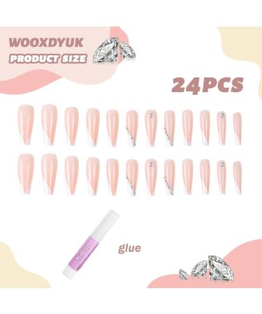 Premium WOOXDYUK 24 PCS Pink & White Rhinestone French Tip Press-On Nails | Long Coffin Style Artificial Nails for Women with Glue - Buy Online on GoSupps.com