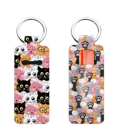 FREEBLOSS 2Pcs Cats Chapstick Holder Keychain 1.5x3.8'' Lip Balm Holder Keychain with Cartoon Cat Pattern Lightweight Lipstick Sleeve Pouch for Women Gift