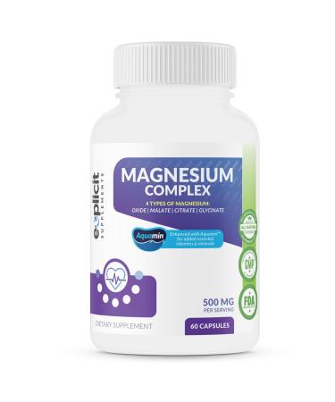 Quad Magnesium Complex Supplement - 500mg of Magnesium Glycinate Malate Oxide & Citrate for Support of Muscles Sleep Energy & Relaxation - High Absorption with Aquamin - 60 Capsules