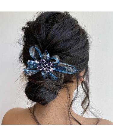 Campsis Bridal Wedding Hair Clip Blue Flower Crystals Hair Barrettes Clips for Bride Handmade Rhinestones Hair Piece Accessories for Women Bridesmaids Prom Party Dinner
