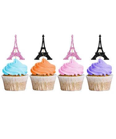Eiffel Tower Cupcake Toppers Wedding Party Decor Bridal Shower Dessert Cupcake Toppers Paris Themed Birthday Party Decoration - Pink & Black Glitter
