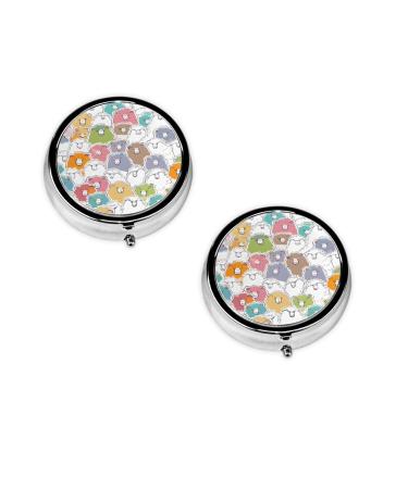 (Cute Colorful Sheep Cartoon) Round Pill Box 3 Compartment Pill Box Mini Decorative Pocket Purse Portable Travel Medicine Tablet Vitamin Holder Organizer Pill Case