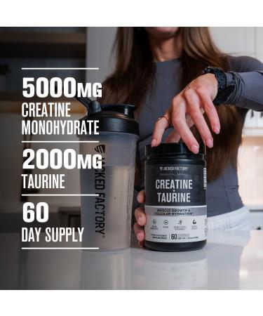 Jacked Factory Creatine + Taurine - Creatine Monohydrate 5000mg with Taurine 2000mg for Increased Muscle Strength & Cellular Hydration - 60 Servings Unflavored - Buy Online on GoSupps.com