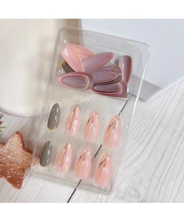 Almond Press on Nails Medium with Flower Glitter Designs - Pink/Gray False Nails - 24Pcs - Buy Online on GoSupps.com