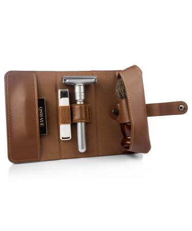 QSHAVE Leather Travel Case for Double Edge Safety Razor, Shaving Brush, Blades, and Nail Clipper - Brown (Case Only) - Buy Online on GoSupps.com