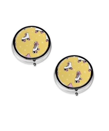 Colorful Roller Skates Printed Mini Round Pill Box Pill Box 3 Compartment Medicine Pill Case Pill Organizer Travel Pillbox Portable Pill Box for Pocket Home Office Use