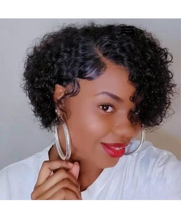 LINYANG Short Curly Human Hair Curly Pixie Cut Wigs for Black Women Hair Brazilian Virgin Human Hair Curly Bob Wig 150% Density Glueless None Lace Front Wig Pre Plucked Machine Made Natural Color