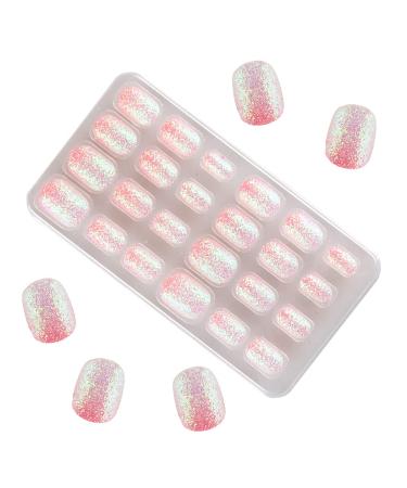 TXMOYI 24 Pieces Kids Press on Nails Pre-glue Children False Nails Stick on Short Full Cover Artificial Fake Nails Holo Glitter Acrylic Nail Tips for Little Girls Gift Nail Art Designs Orange
