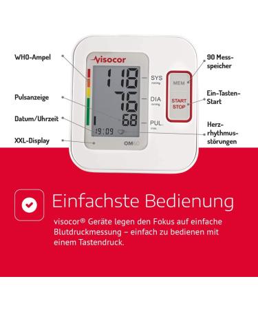 VISOCOR 25060 OM60 Blood Pressure Meter - Upper Arm Automatic Cuff (22-40 cm) for Accurate Blood Pressure & Pulse Measurement | Fast International Shipping - Buy Online on GoSupps.com