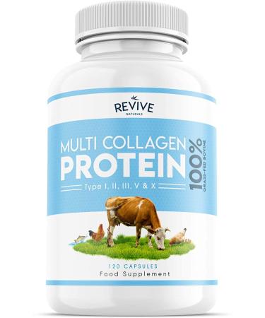 Revive Naturals Multi Collagen Protein Capsules - Types I II III V & X - Hydrolysed Grass Fed Bovine Wild Caught Marine & Free-Range Chicken Made with Hyaluronic Acid & Vitamin C 120 Caps