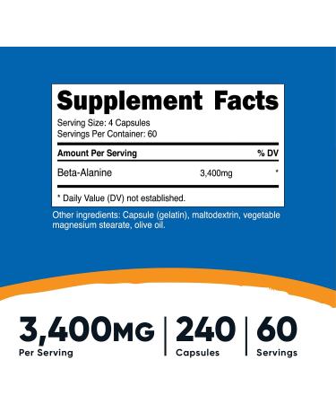 Nutricost Beta-Alanine Capsules 3400mg - 240 Capsules | Gluten-Free & Non-GMO | 850mg Per Cap | Potent Beta Alanine | 60 Servings - Buy Online on GoSupps.com