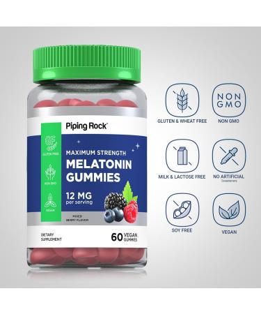 Piping Rock Melatonin Gummies 12mg | 60 Count | Maximum Strength | Berry Flavor | Vegan Non-GMO Gluten Free Supplement 60 Count (Pack of 1) - Buy Online on GoSupps.com