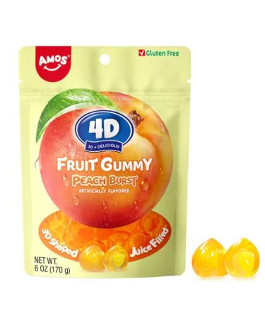 Amos 4D Gummy Candy Peach Burst Yellow Peach Flavor Gluten Free Snacks Mother's Day Candy Gift Resealable 6oz 170g Pack Double The Amount of 3 oz bags!