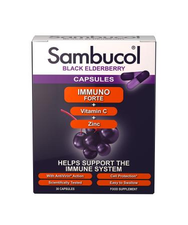 Sambucol Natural Black Elderberry Immuno Forte Capsules | Vitamin C | Zinc | Immune Support Supplement | 30 Capsules 30 Count (Pack of 1)