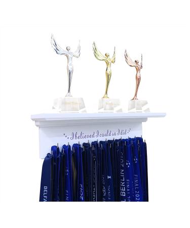 Trophy Shelf and Medal Hanger Display with 23 Ribbon Hooks - Wooden Wall Holder for Running Awards and Soccer Achievements - Motivational Gift for Athletes - Premium White Finish - Buy Online on GoSupps.com