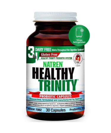 Natren Healthy Trinity Probiotics Supplement - 30 Dairy and Gluten Free Gel Capsules - Improve Gut and Digestive Health, - 30 Billion CFU - Lactobacillus Acidophilus, Bifidobacterium, Bulgaricus