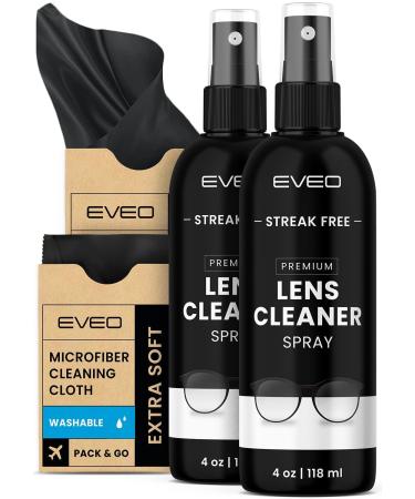 EVEO Eyeglass Cleaner Spray - No Streaks Technology with Microfiber Cleaning Cloth- Glasses Cleaning Kit - Glasses Cleaner Spray with Lens Cleaner Cloth - Screen & Eye Glasses Kit - 8oz (4oz x 2) 4 Piece Set