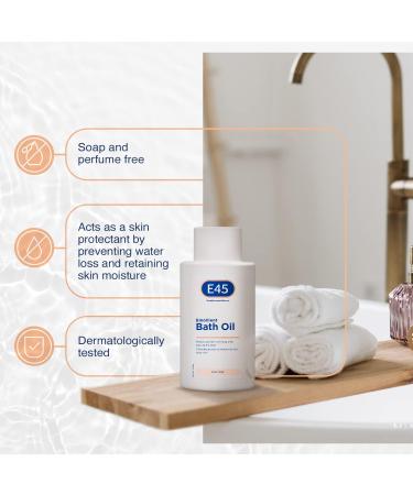 E45 Bath Oil 500 ml E45 Bath Oil Emollient to Moisturise & Hydrate Dry Skin Gently Cleanses for Soft Skin Soap Free & Perfume Free Emollient Bath & Shower Oil Body Wash - Dermatologically Tested - Buy Online on GoSupps.com