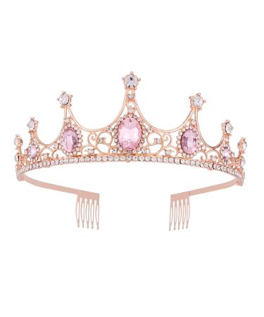 Vofler Rose Gold Tiara Crown with Pink Crystal - Baroque Vintage Clear Rhinestone Headband for Women Queen Lady Girl Bride Princess Birthday Wedding Pageant Prom Halloween Costume Party with Comb Rose Gold+Pink