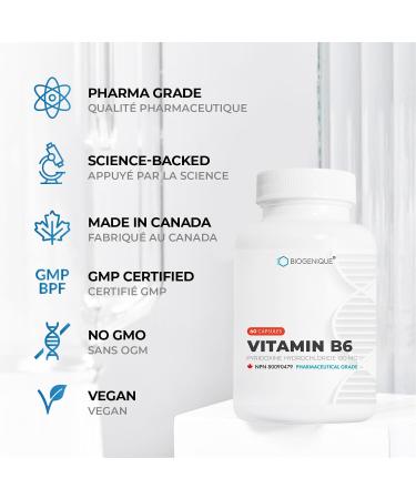 Biogenique Vitamin B6 100 mg - 60 Capsules B6 Pyridoxin - Supports Energy Production & Metabolism - 2 Months Supply Vitamin B6 Supplement Made in Canada Non-GMO Vegan - Buy Online on GoSupps.com