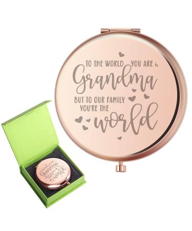 z-crange Gifts for Grandma  to Our Family You are The World Rose Gold Compact Mirror for Grandma Unique Mother's Day Birthday Gifts for Grandma from Grandson Granddaughter