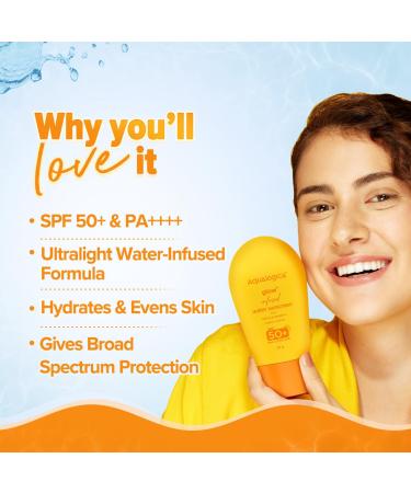 Aqualogica Glow+ Infused Water Sunscreen with SPF 50 & Pa++++ | with Papaya & Vitamin C | Ultralight Water-Infused Formula | Gives Glowing Hydrated Skin | 1.69 Fl Oz/ 50 ml - Buy Online on GoSupps.com