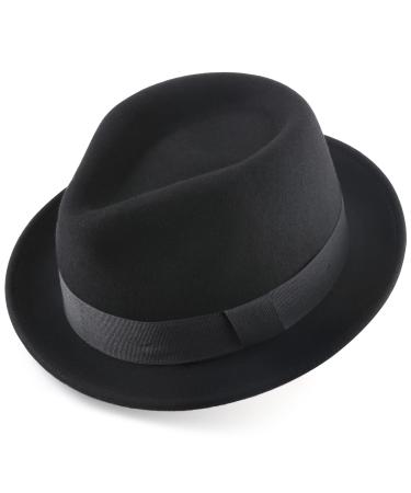 AKIO&AQUIRAX Fedora Hats for Men Women 100% Australian Wool Mens Dress Hat with Brim Classic Felt Fedora Vintage No-bow-black 7 1/8