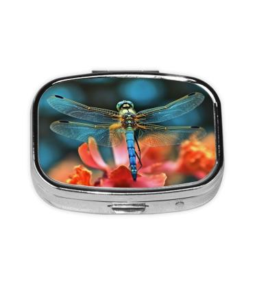 Dragonfly On The Flower Printing 2 Compartment Small Pill Case Cute Small Pill Box Purse Pill Boxs Travel Pill Organizer for Pocket Purse and Travel Gifts